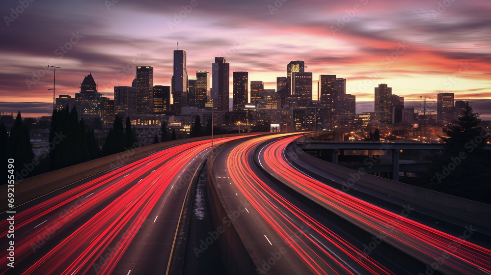 Cityscape at Twilight with Light Trails on Urban Highway