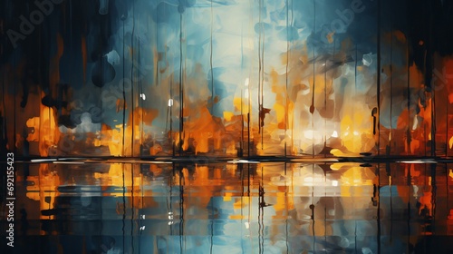 Abstract Visions: Reflective Waters and Fiery Skies in a Surreal, Painterly Urban Landscape