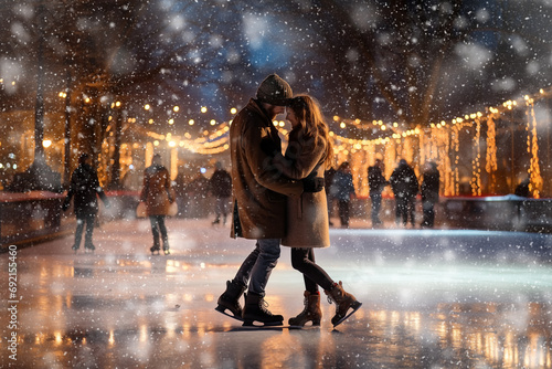 Guy and girl in skates hugging each other. Romantic date on the ice rink in the evening. Festive New Year mood, snowfall. Beautiful cinematic light.