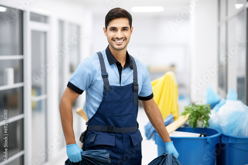 male cleaner staff of cleaning company in uniform standing and looking at camera photo