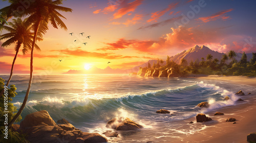 Serene portrayal of beach sunset during golden hour, AI Generated