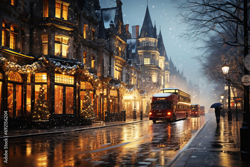 Winter cityscape snow covered streets lined with historical buildings adorned with festive lights and decorations