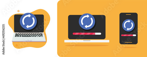 Cell phone app update icon, computer pc laptop system upgrade process vector graphic set 3d flat illustration, mobile cellphone smartphone setup