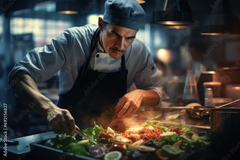 A chef skillfully preparing a dish in a restaurant kitchen, showcasing creativity and expertise in culinary arts. Generative Ai. A chef skillfully preparing a dish in a restaurant kitchen, showcasing creativity and expertise in culinary arts. Generative Ai.