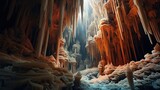 Vivid stalactites within a cave crafting elaborate natural designs, emanating brightness, geological marvels, captivating intricacy, and stunning formations. Generated by AI.