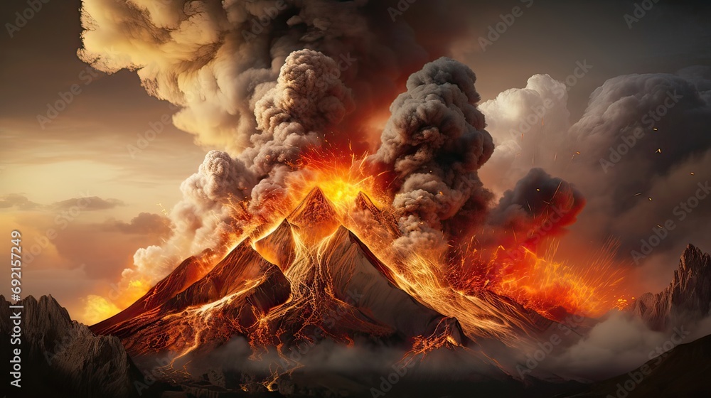 The volcano erupts, releasing molten lava amid billowing smoke and ash