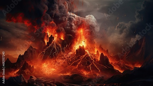 The volcano erupts, releasing molten lava amid billowing smoke and ash. Volcanic eruption, molten lava, billowing smoke, ash clouds, volcanic might, fierce energy. Generated by AI.