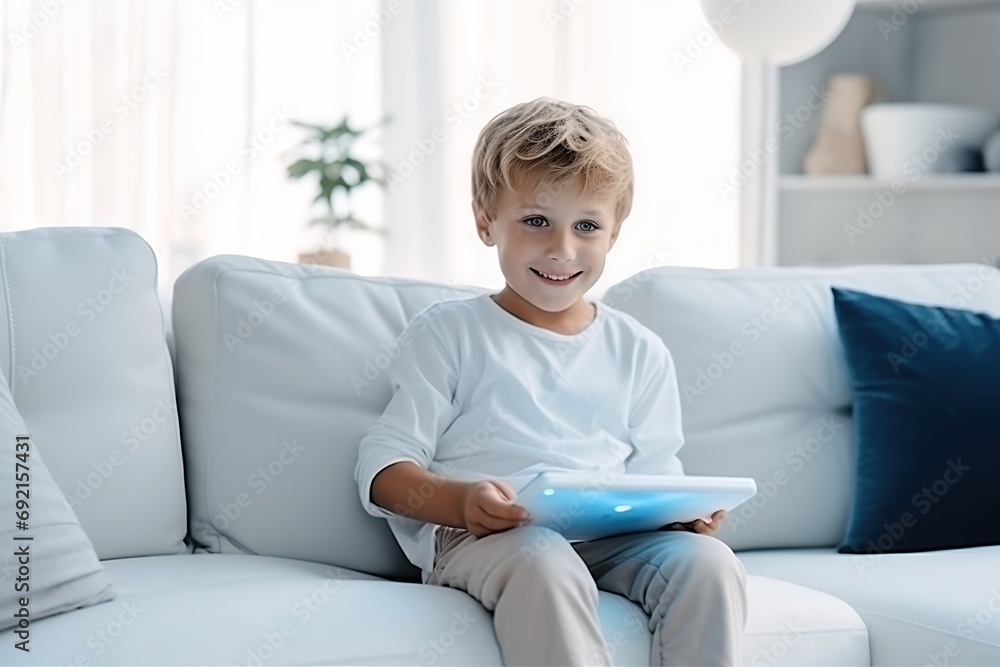 Little boy lying on sofa and watching cartoons on tablet Little boy lying on sofa and watching cartoons on tablet