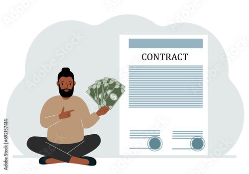 A man receives money for a deal. Next to it is a large contract with seals. The concept of a financial agreement, signing a contract or a deal.