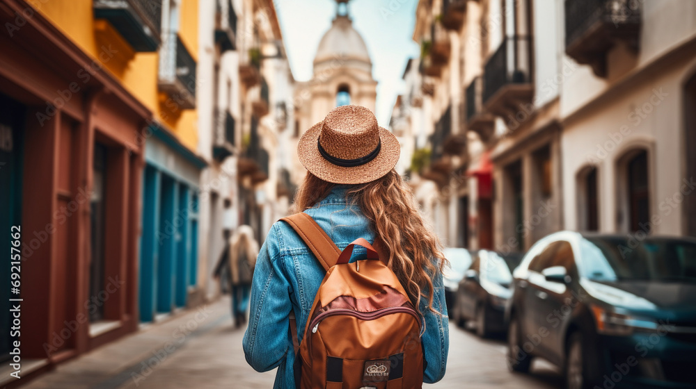Traveler girl immersed in culture of ancient Spanish town, Interactions with local environment and unique charm, AI Generated