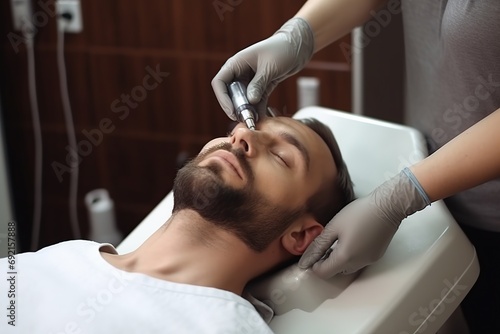 Beautiful man in spa salon getting ultrasound cleaning procedure photo
