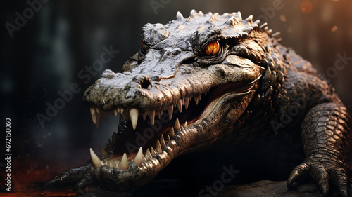 3 d rendering of a beautiful crocodile with a dark background.