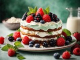 Delicious cake with berries and whipped cream decorated with mint leaves, cheesecake with berries, cake with berries, cake with strawberries, cake and cream, raspberry and blueberry cheesecake