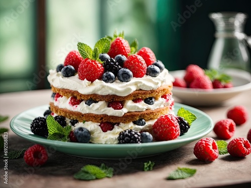 Delicious cake with berries and whipped cream decorated with mint leaves, cheesecake with berries, cake with berries, cake with strawberries, cake and cream, raspberry and blueberry cheesecake