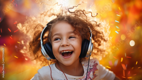 cute little kid boy in headphones with big eyes in red headphones, having fun with music. happy child listening music in headphones on yellow wall background