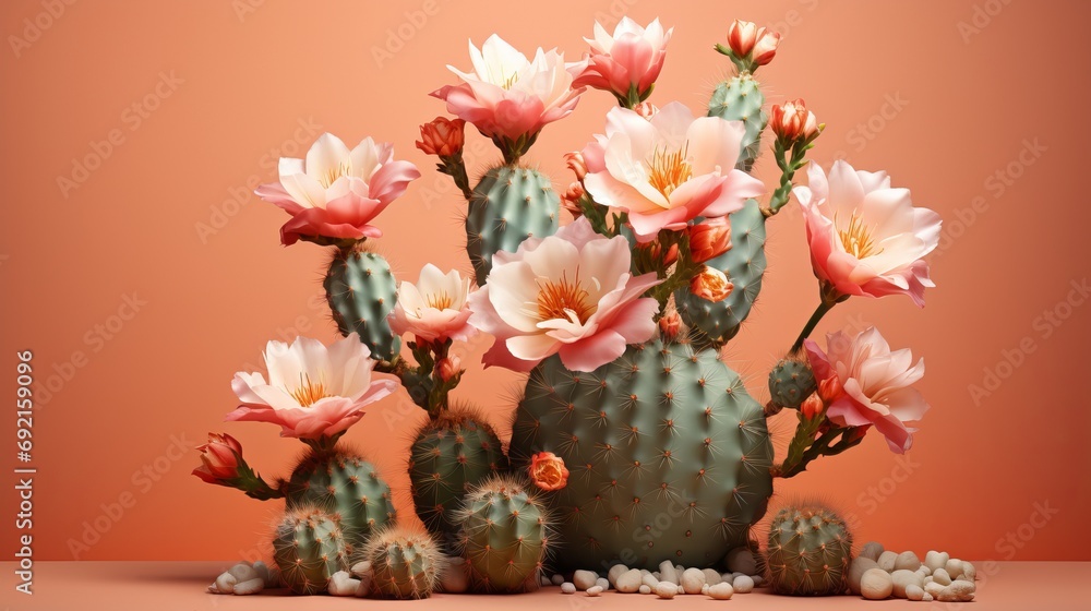 Blooming cactus with buds in a pot on a delicate pastel peach background, drought-resistant plant. banner with copy space.