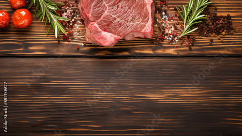 fresh raw beef steak with rosemary, garlic and spices