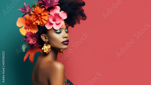 Beautiful young Black woman with floral wreath on her head from big red pink orange flowers on teal burgundy background. Fashion beauty banner for cosmetics makeup