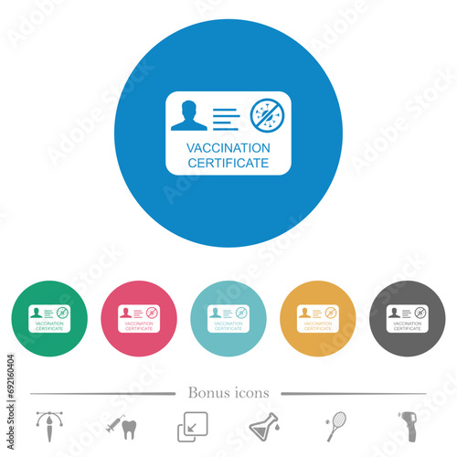 Vaccination certificate flat round icons