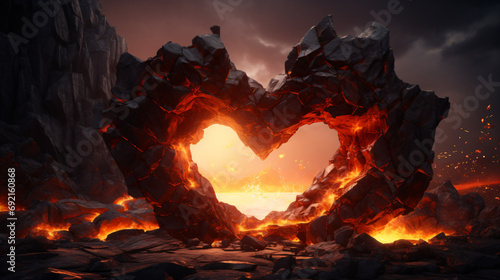 3d rendering of heart frame on fire over rocky surface