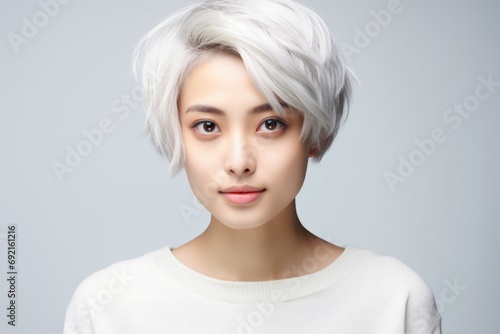 Portrait smiling young asian woman white hair.  Happy asia girl and looking at camera and copy space Confident female get happy and feel relax