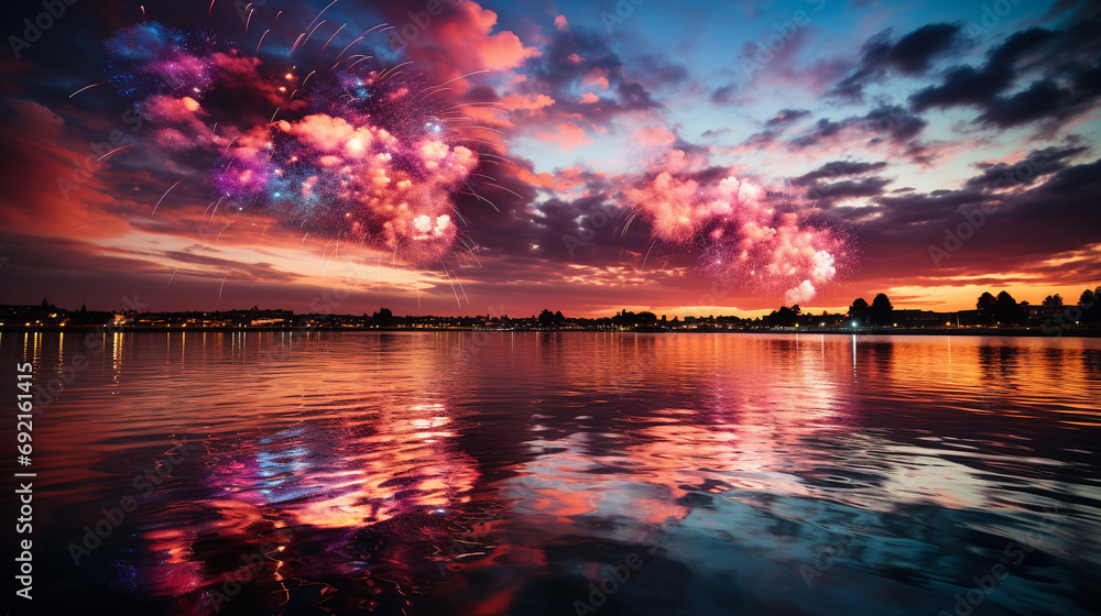 Breathtaking view of colorful fireworks reflected in calm waters of lake, AI Generated