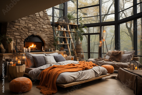 Bohemian interior design of modern bedroom. AI generate