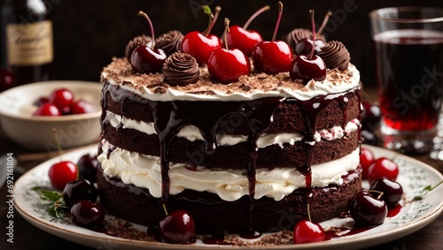 Black Forest Cake, Germany, chocolate cake doused in a cherry syrup spiked with kirschwasser, a sour cherry brandy, then stacked atop a thin, chocolate base with deep layers of whipped cream photo