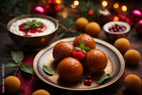 gourmet indian Gulab Jamun, rich textures, mouth-watering dessert presentation photo