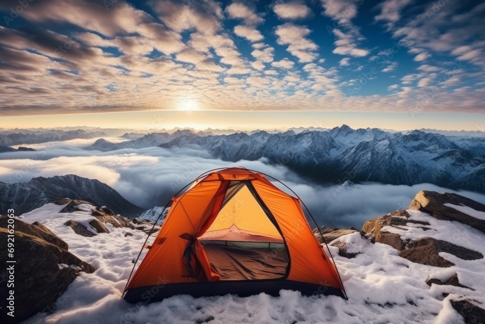 View from tent to mountains in winter at sunrise