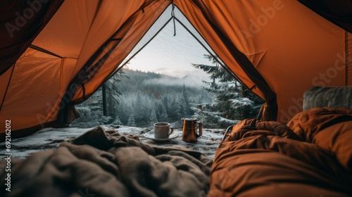 View from tent to mountains in winter at sunrise photo