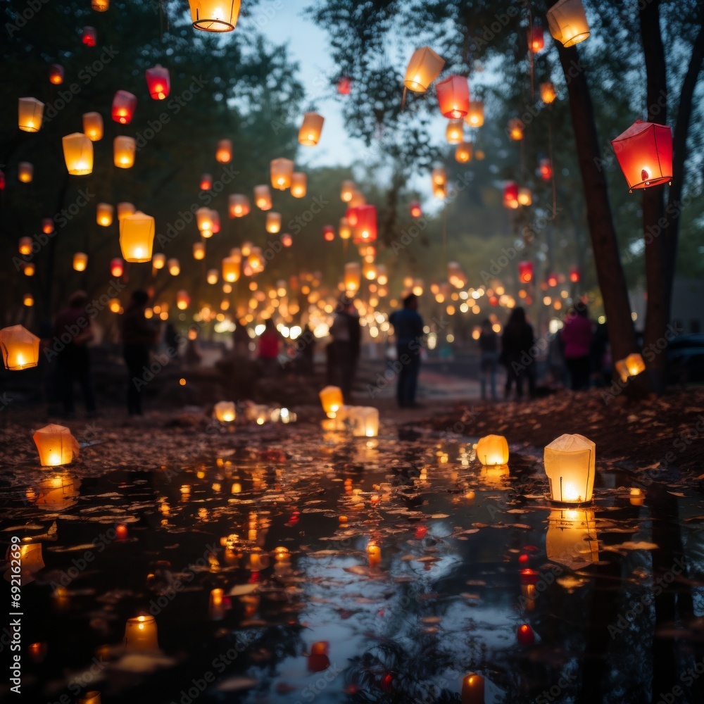  night sky is filled with glowing flying lanterns, many Chinese lanterns are launched into the clouds. Festive atmosphere, Concept: traditions and culture, letting go into the sky.