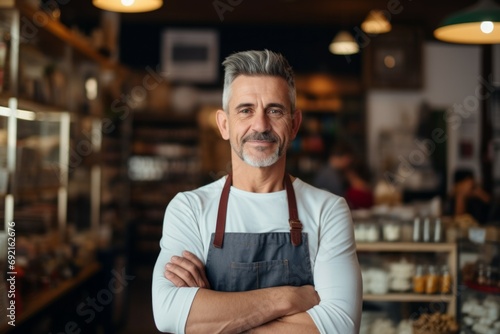 Happy smiling confident european middle aged older adult man small local business owner standing own cafe looking at the camera. Old senior entrepreneur portrait. Entrepreneurship
