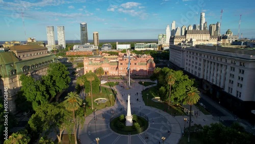 Beautiful aerial footage of Plaza de Mayo, the Casa Rosada Presidents house, The Kirchner Cultural Centre, in Puerto Madero. Buenos Aires, Argentina. photo