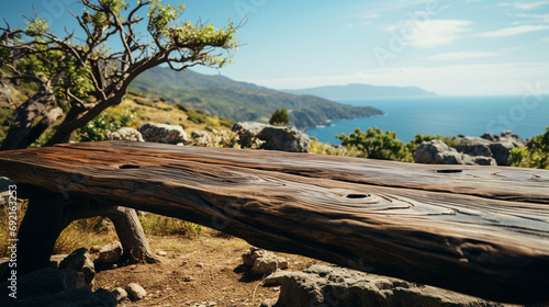 Wooden table on sandy shore offering tranquil view of sea, island, and blue sky, AI Generated