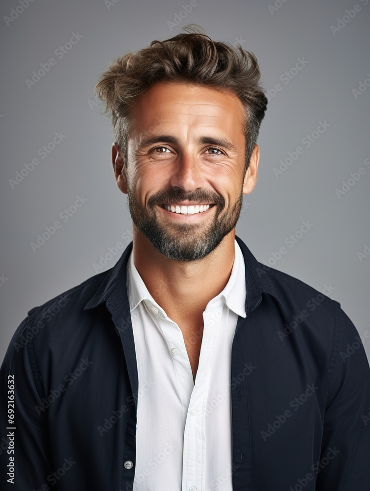 Fototapeta premium Handsome bearded man smiling on gray background, happy man