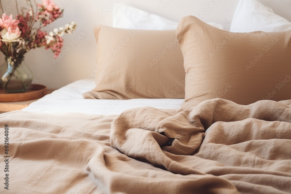 Beige pillows with blanket and duvet cover on the bed and flowers