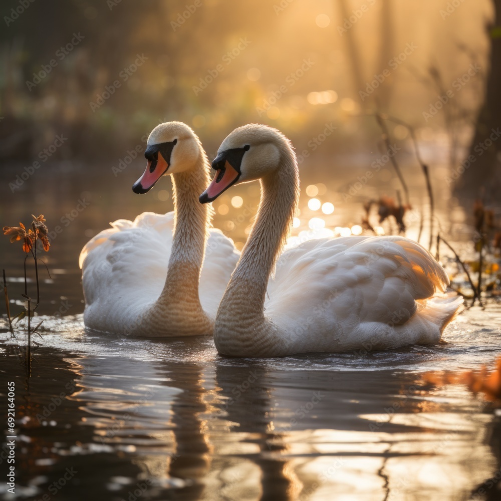 Fototapeta premium A pair of swans in love swims on a quiet lake surrounded by leaves. Soft light of the morning sun. Graceful and calm scenes with animals, Concept: illustrations of romantic and natural themes