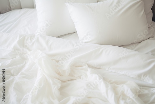 White pillows with blanket and duvet cover on the bed photo