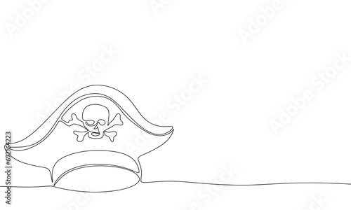 Modern abstract pirate hat with skull one line continuous. Line art pirate hat outline. Hand drawn vector art.