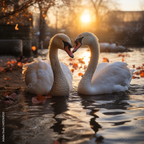 A pair of swans in love swims on a quiet lake surrounded by leaves. Soft light of the morning sun. Graceful and calm scenes with animals  Concept  illustrations of romantic and natural themes