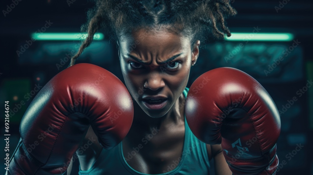 African American woman in boxing gloves and angry face