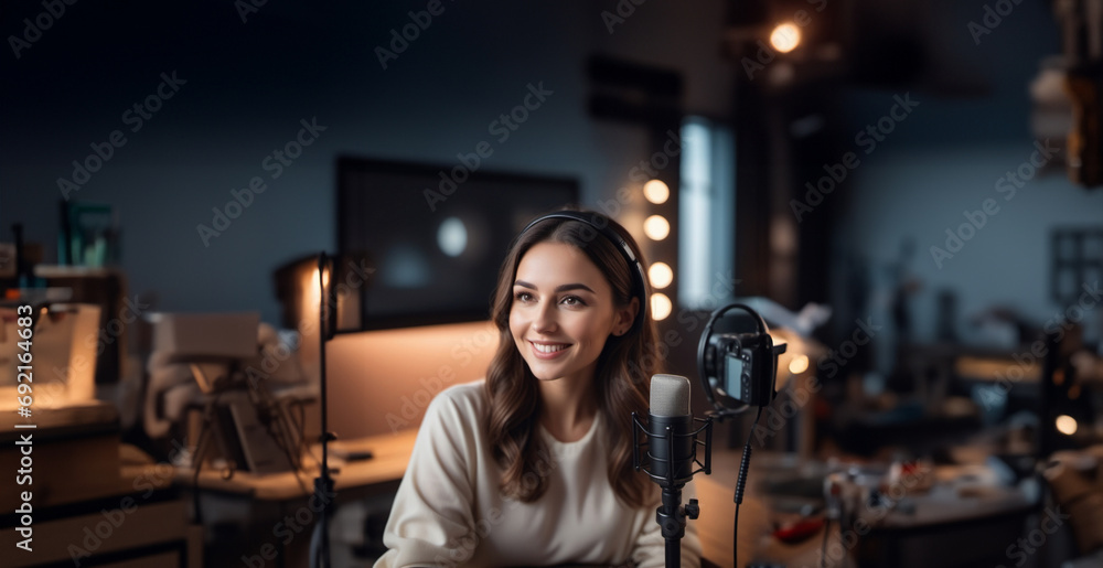 beautiful woman podcast host in studio with microphone