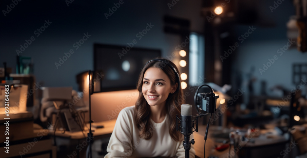 beautiful woman podcast host in studio with microphone beautiful woman podcast host in studio with microphone