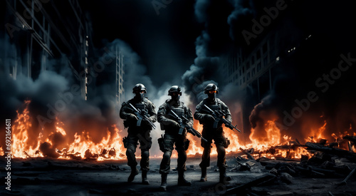 Group team of soldiers. Concept of military operations, special operations, paintball. photo