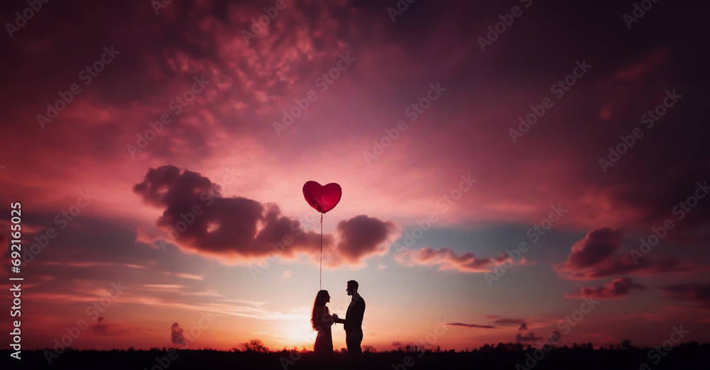 concept of valentine's day, valentine's day. couple at sunset in a field, pink sunset and heart symbol.