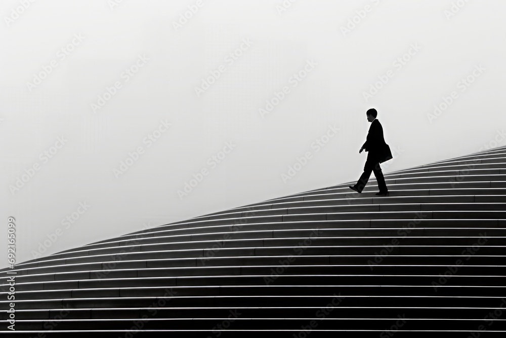 businessman going down the stairs, career downturn, black and white, minimalist