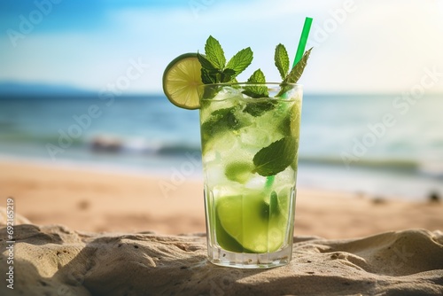 Alcoholic mojito with ice and mint on beach sand