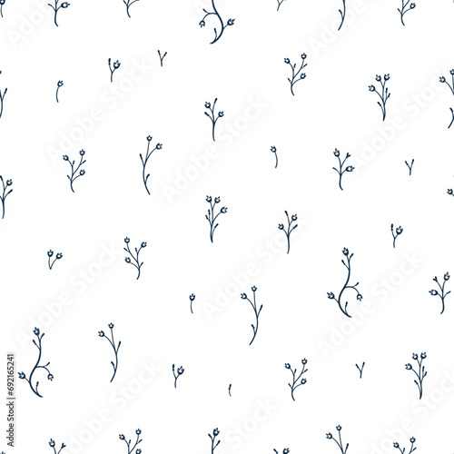 Bluebells. Vector Seamless Pattern. Small Flowers. Ditsy Floral Print. Black and White Background.