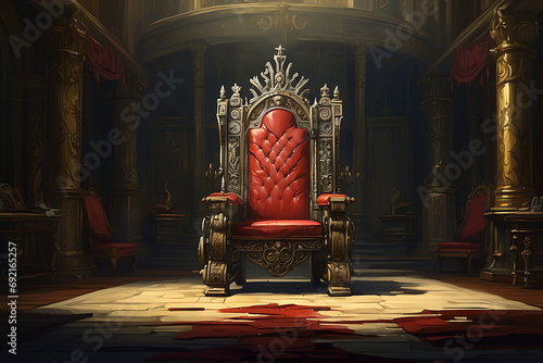 Majestic throne room. King Throne illustration. Golden filigree throne room in a medieval. photo